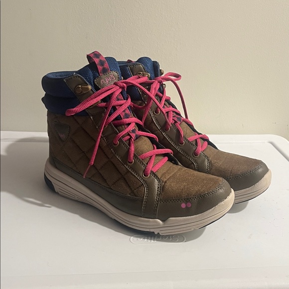 Brown and Blue High-Top Aurora Sneakers with Pink Laces by RYKA - Picture 2 of 5